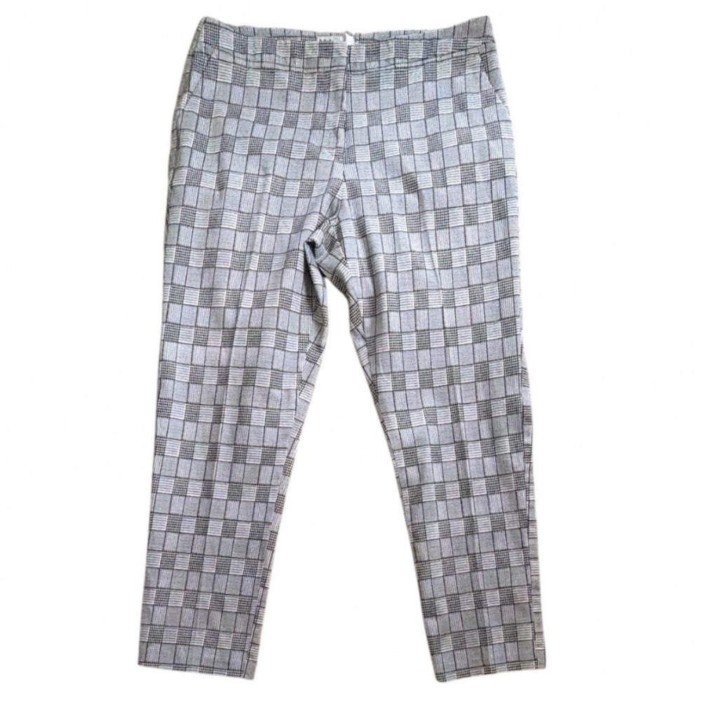 Neiman Marcus Womens Plaid Tapered Trousers Black White Size 12 High Rise Cotton